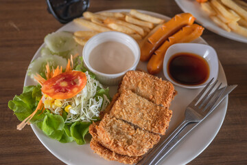 Fried Fish, Sausage, French Fries and Salad