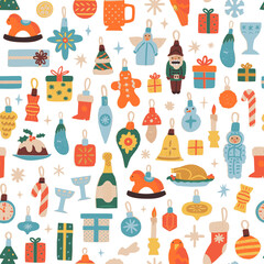 Christmas tree retro balls, vintage baubles seamless pattern. Cute hand-drawn Christmas or New Year vector repeat with.
