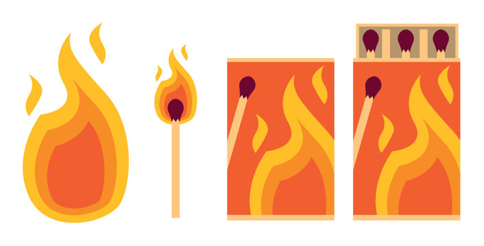 Collection of matches. Burning match with fire, opened matchbox, burnt matchstick. Vector isolated on white background