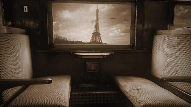 Old Train Paris Eiffel Tower View Window Vintage Style Film Texture. Old vintage scene of an empty train cabin traveling by the Eiffel Tower in the city of Paris. Old film texture