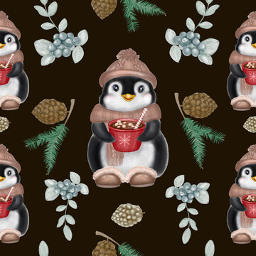 Pinguin, cons and spruce watercolor seamless pattern. Hand drawn aquarelle punguin in knitting scarf, and hat. Isolated on dark background. Design for a winter holidays,gift paper, Christmas.