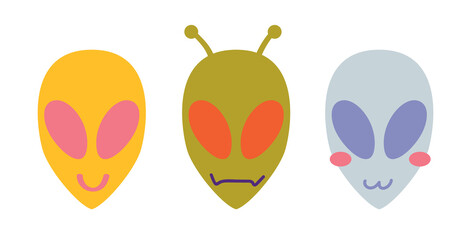Alien face icon set, humanoid head futuristic space invader, paranormal Vector isolated on white background
