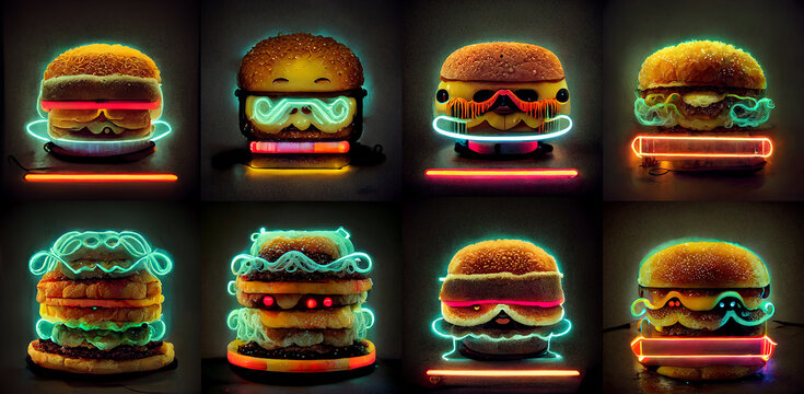 set of futuristic burgers. neon light, modern, cyberpunk