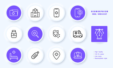 Treatment set icon. Disease history, hospital, call doctor, consultation, jar, magnifier, cough, ambulance, emergency room, thermometer, map pointer. Healthcare concept. Neomorphism. Vector line icon
