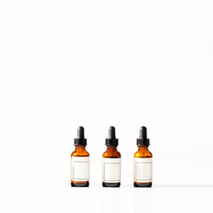 Three amber glass dropper bottles with pipette on white background. Beauty cometic product serum, oil for  skin care. Copy space..