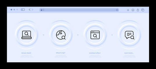 Search for information on the internet set icon. Laptop, magnifier, planet, worldwide web, www, speech bubble, surf, user, data. Technology concept. Neomorphism website interface. Vector line icon