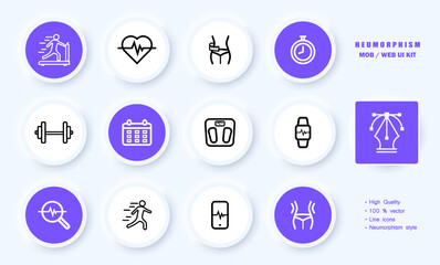 Healthy lifestyle set icon. Treadmill, pulse, weight loss, sports, stopwatch, barbell, dumbbell, schedule, scales, smart bracelet, physical activity. Healthcare concept. Neomorphism. Vector line icon