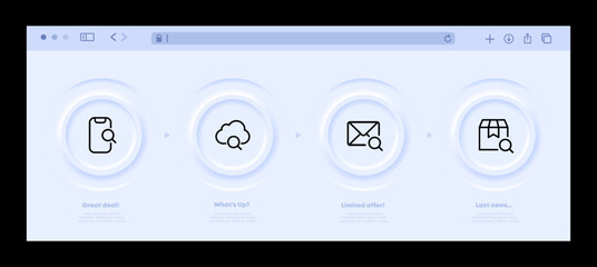 Magnifiers for search set icon. Phone, cloud storage, letter, email, management, box, track the parcel. Technology concept. Neomorphism website interface. Vector line icon for Business and Advertising