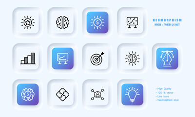 Business analytics set icon. Star, award, brain, investment, money, trade, exchange, statistics, strategy, targeting, creativity, light bulb, puzzles. Work concept. Neomorphism style. Vector line icon