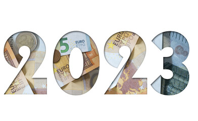 Year 2023 with the texture of Euros, European money, Business concept