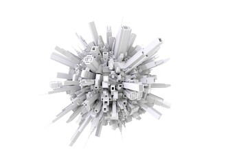 Abstract city planet with lots of buildings, skyscrapers and industrial blocs. overpopulated place, modern city concept. 3D rendering illustration