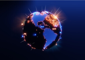 Neon planet Earth hologram with counting number and lit up industrial and financial regions. Business finance background 3D rendering illustration
