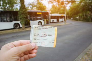 Potsdam, Germany 02 august 2022: promotional ticket for 9 euros in Germany for public transport