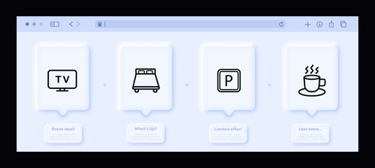 Hotel services set icon. TV set, double bed, parking space, hot coffee or tea, cup, stay, hostel. Accommodation concept. Neomorphism website interface. Vector line icon for Business and Advertising