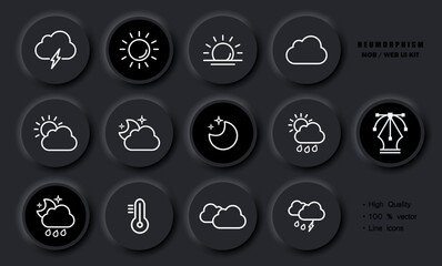 Weather conditions set icon. Forecast, thunderstorm, lightning, cloud, thunder, sun, sunset, dawn, night, cloudy, moou, star, rain, thermometer, sky. Nature concept. Neomorphism. Vector line icon