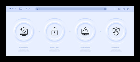 Privacy protection set icon. Computer, shield, checkmark, security system notification, lock, antivirus, hacking. Personal data protection concept. Neomorphism website interface. Vector line icon