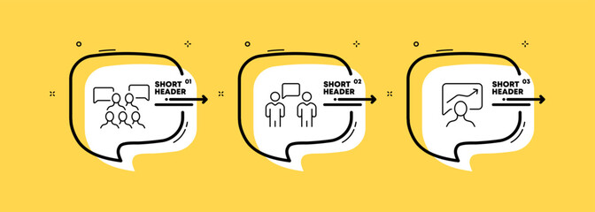 Working communication set icon. Employees, speech bubble, exchange information, data analytics, briefing, teambuilding. Business concept. Infographic timeline with icons and 3 steps. Vector line icon
