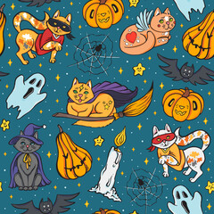 Cute Halloween cats in costumes seamless pattern hand drawn in retro pop art style, repeatable texture design, vector illustration eps10