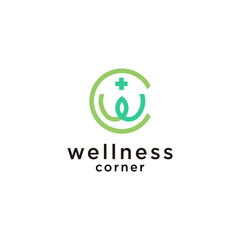 initial CW WC  Wellness Logo: Modern Green Leaf Monogram with Elegant Geometric Design