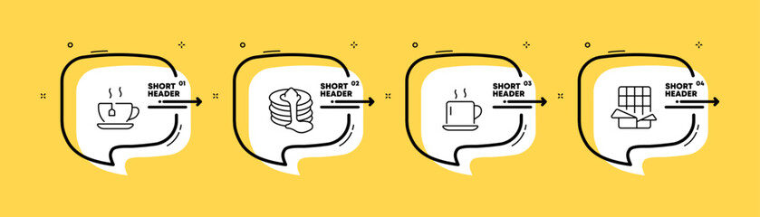 Tea time set icon. Cup, mug, tea bag, hot, steam, pancakes, butter, coffee break, chocolate bar, tasty. Eating concept. Infographic timeline with icons and 4 steps. Vector line icon for Business