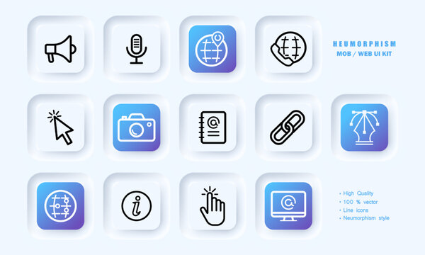 Apps set icon. Megaphone, announcement, microphone, geolocation, navigator, call, cursor, camera, email, link, chain, information, hand, computer, at. Technology concept. Neomorphism. Vector line icon
