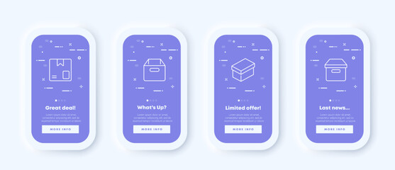 Naklejka na ściany i meble Boxes set icon. Cardboard, wooden, sticker, package, packing, packaging, shipping, logistics. Delivery concept. Neomorphism. UI phone app screens. Vector line icon for Business and Advertising