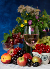 Fresh summer fruit and berry on a table. Natural antioxidants. Healthy eating concept. 