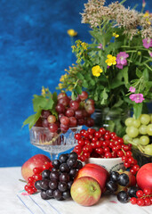Fototapeta na wymiar Fresh summer fruit and berry on a table. Natural antioxidants. Healthy eating concept. 