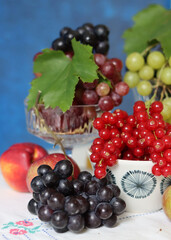 Colorful still life with seasonal berries on a table. Red currant, green grapes, nectarines and apples close up photo. Nutrition concept. 