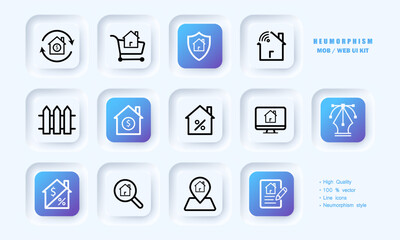 Real estate set icon. Buy a house, shopping cart, shield, remote control, fence, dollar, perccent, computer, magnifier, location, agreement. Business concept. Neomorphism style. Vector line icon