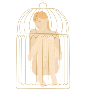 Young nacked girl in cageб prisoner, imprisonment, psychological