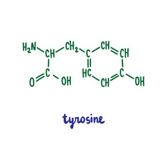Tyrosin hand drawn vector formula chemical structure lettering blue green