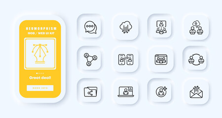 Share information set icon. Transfer, exchange, cloud storage, online conference, video call, arrows, shared folder. Business concept. Neomorphism. UI phone app screens. Vector line icon for Business