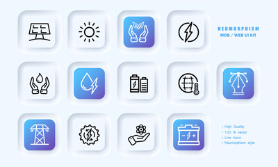 Eco friendly sources of electricity set icon. Solar battery, hands, leaves, lightning, water drop, charge, temperature, electric tower, nuclear power. Ecology concept. Neomorphism. Vector line icon