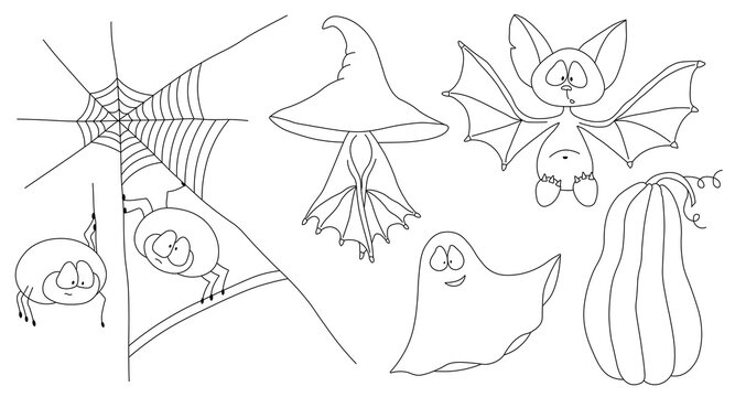 Black white drawing of Halloween. Drawn characters. Stroke black line. Set of pictures bat, spider, candle, pumpkin