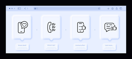 Feedback set icon. Phone, social media, heart, like button, checkmarks, checkbox, landline, thumbs up, comment, reaction. Online communication concept. Neomorphism website interface. Vector line icon