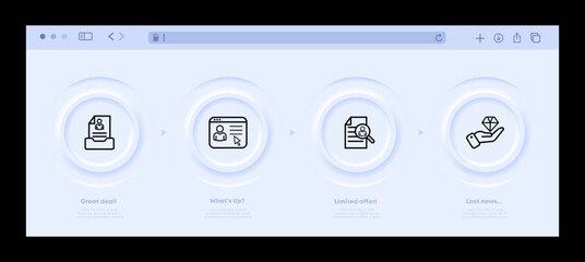 Personal information set icon. Document, data, ID card, resume, CV, magnifier, human resources department, personnel. Business concept. Neomorphism website interface. Vector line icon for Advertising