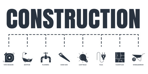 Construction banner web icon set. light bulb, floor plan, wheelbarrow, tape measure, hand saw, plug, plumbing, bathtub vector illustration concept.