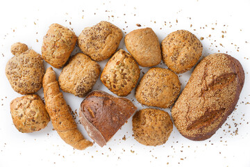 Bread assortment from various bakery products, white background, simple isolation