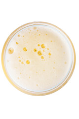 beer bubbles in Glass of light beer top view isolated on white, macro