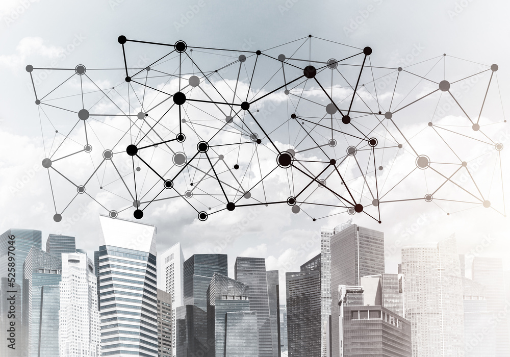 Poster modern city and social net as concept for global networking