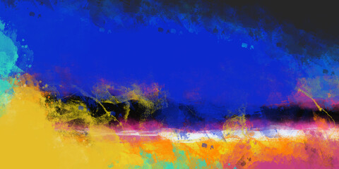 Abstract blue colour painted background and grunge paint stains pattern in bright banner design