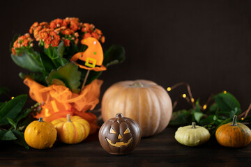 Halloween background with chocolate jack-o-lantern and pumpkins on wooden table