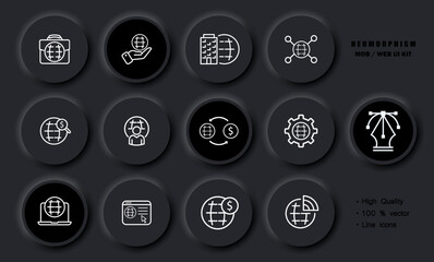 Worldwide work set icon. Planet, briefcase, building, magnifier, dollar, earn money, gear, laptop, branch, website, remote, online, Business concept. Neomorphism style. Vector line icon for Business