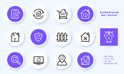 Real estate set icon. Buy, agreement, document, shopping cart, house, dollar, remote control, shield, fence, percent, magnifier, location, computer. Business concept. Neomorphism. Vector line icon