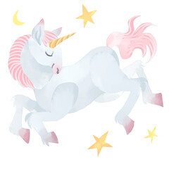 水彩風のユニコーンと星と月のイラスト