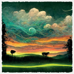 Plakat sky trees and sunset, crayon style, meadow and forest, 3D art , special illustration, art design, Vector