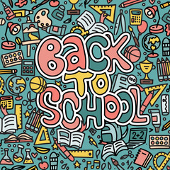 Fototapeta na wymiar Hand drawn back to school banner with doodles and sketch style lettering and education icons, study symbols on background. Vector black linear illustration. For banners, posters, flyers.