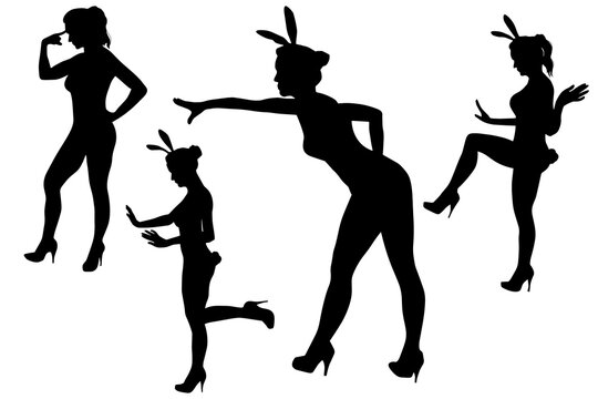 Black silhouette of dancing girls with bunny ears.