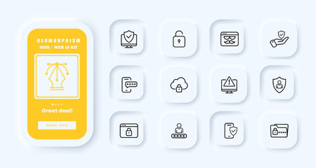 Private data protection set icon. Password, shield, lock, incognito tab, phone, computer, cloud storage, verified, tick, folder. Privacy concept. Neomorphism. UI phone app screens. Vector line icon
